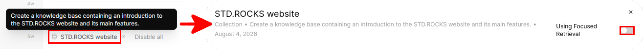 Open WebUI Knowledge Base settings showing the STD.ROCKS website collection and the Using Focused Retrieval switch