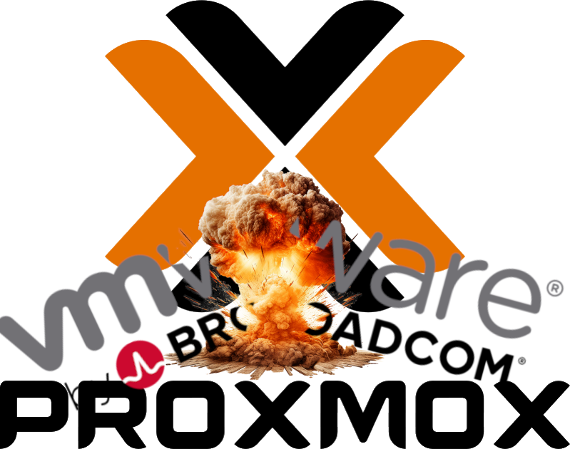 Symbolic explosion of the VMware logo in favor of Proxmox, illustrating the migration and replacement of virtual infrastructure.
