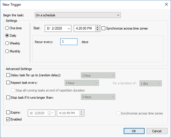 New Trigger window showing a daily schedule set to 4:20 PM.