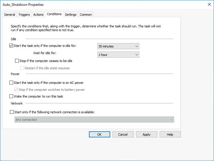 Conditions tab of the Auto_Shutdown task, set to start only if the computer is idle for 30 minutes.