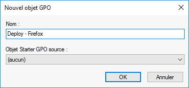 New GPO creation dialog box with name 'Deploy - Firefox' entered