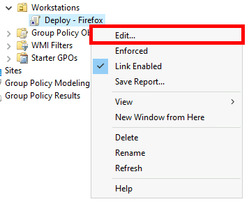 Group Policy Management window with option to edit the 'Deploy - Firefox' GPO