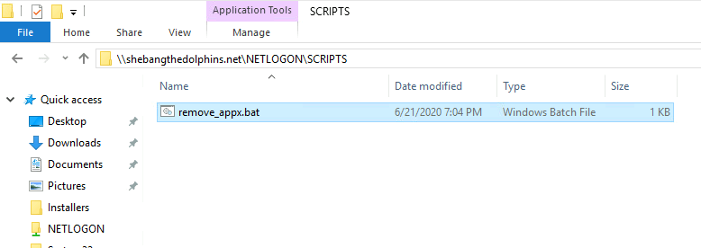 Screenshot of the NETLOGON scripts folder showing a batch file named remove_appx.bat.