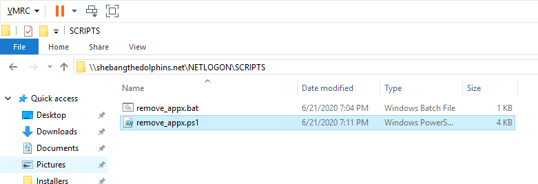 Screenshot of the NETLOGON scripts folder showing both remove_appx.bat and remove_appx.ps1 files.