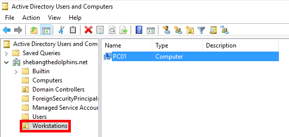 Screenshot of Active Directory Users and Computers with the Workstations folder selected, showing a computer named PC01.