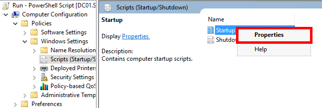 Screenshot of the Group Policy Management Editor showing the 'Startup' script with the 'Properties' option highlighted.