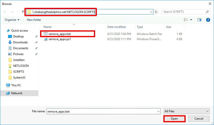Screenshot of the file browser dialog showing the NETLOGON scripts folder with remove_appx.bat selected and the Open button highlighted.