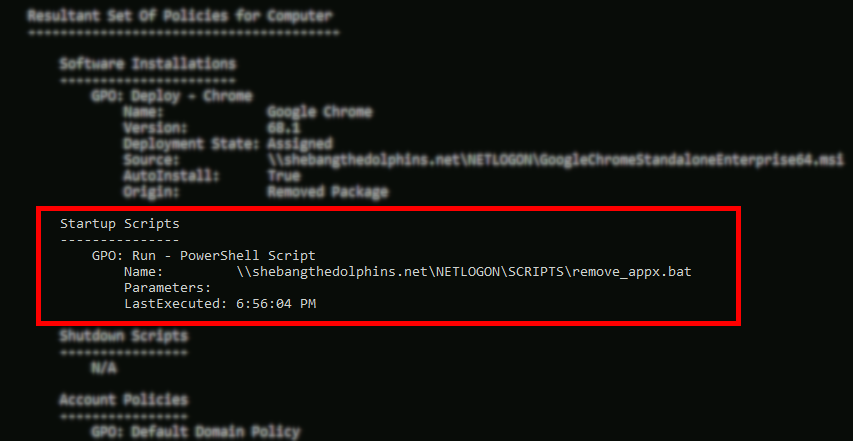 Screenshot of the Resultant Set of Policies for Computer showing details of the executed startup script remove_appx.bat.
