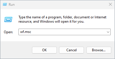 Windows Run dialog with 'wf.msc' entered to open the Windows Defender Firewall interface