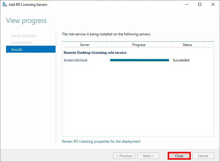 Installation progress screen of the Add License Server Wizard, showing the 'Close' button highlighted.