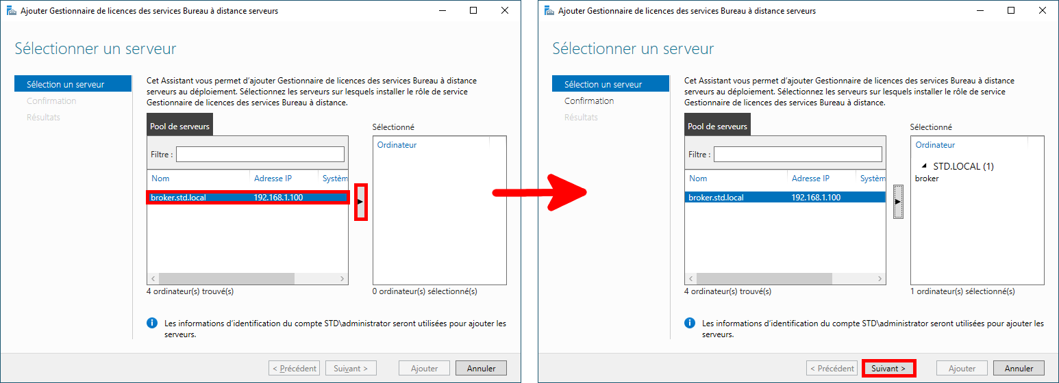 Add License Server Wizard in Remote Desktop Services, showing the broker server selected and the 'Next' button highlighted.