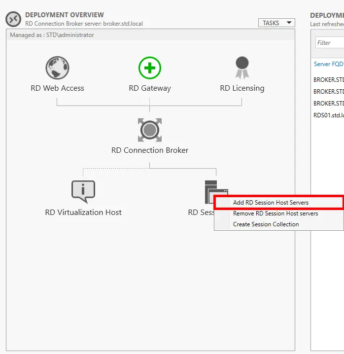Deployment Overview in Server Manager with the option to add RD Session Host servers highlighted.
