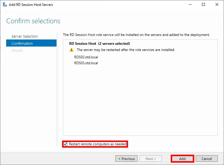 Confirmation screen with selected session host servers and the restart option checked, 'Add' button highlighted.