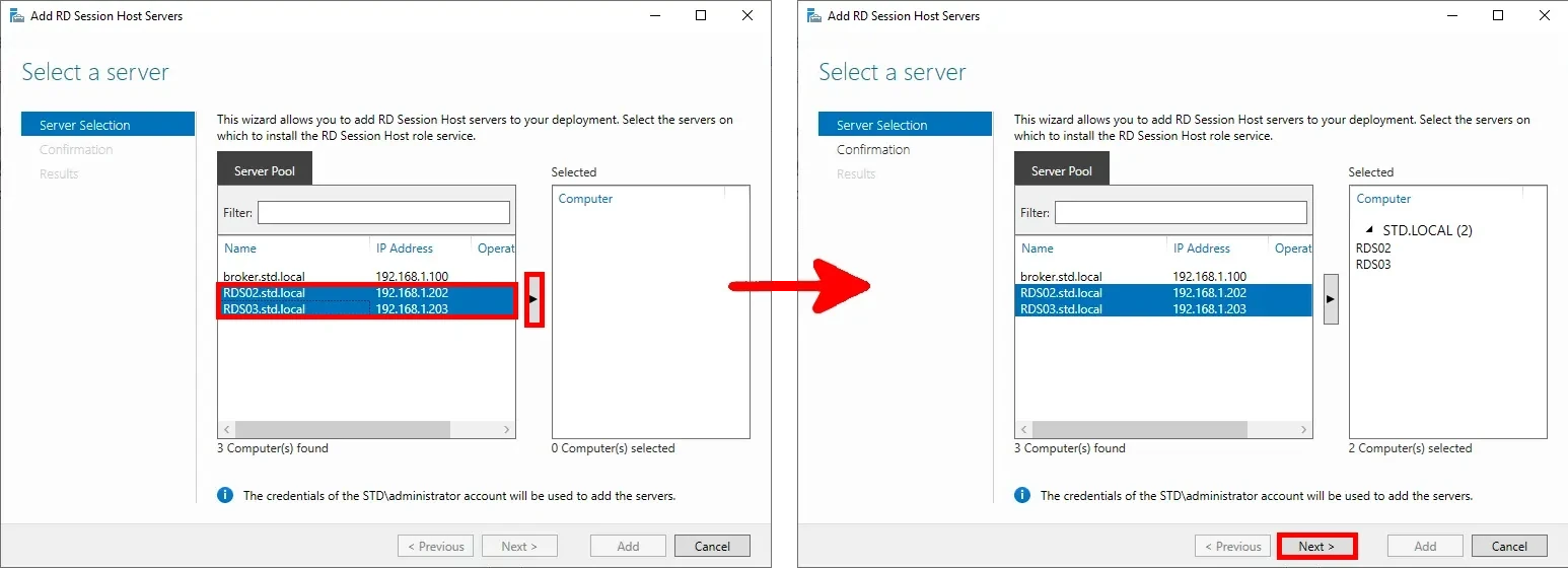 Wizard screen showing selection of RDS02 and RDS03 as session host servers, with 'Next' highlighted.