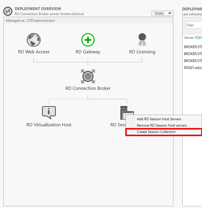Deployment Overview screen with the 'Create Session Collection' option highlighted.
