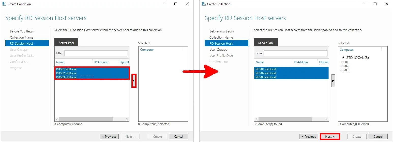 Selection of RD Session Host servers (RDS01, RDS02, RDS03) from the server pool.
