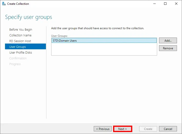 User Groups step, with 'STD\Domain Users' selected and 'Next' highlighted.