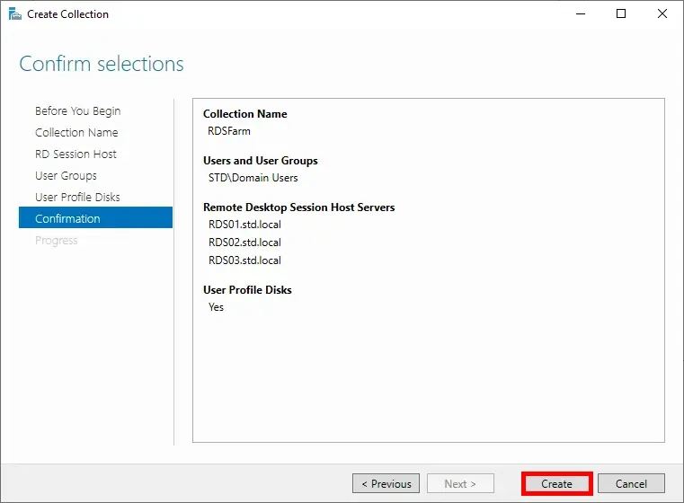 Confirmation page of the Create Collection wizard, showing collection details and the 'Create' button highlighted.