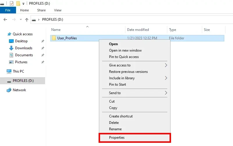 Context menu in Windows Explorer showing 'Properties' selected for the 'User_Profiles' folder.