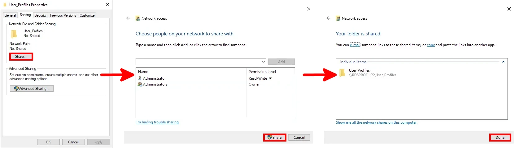 Windows folder sharing configuration window, with user selection, permission levels, and the 'Done' button highlighted.