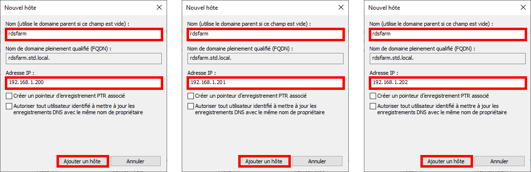 New Host window showing multiple IPs assigned to 'rdsfarm.std.local'.