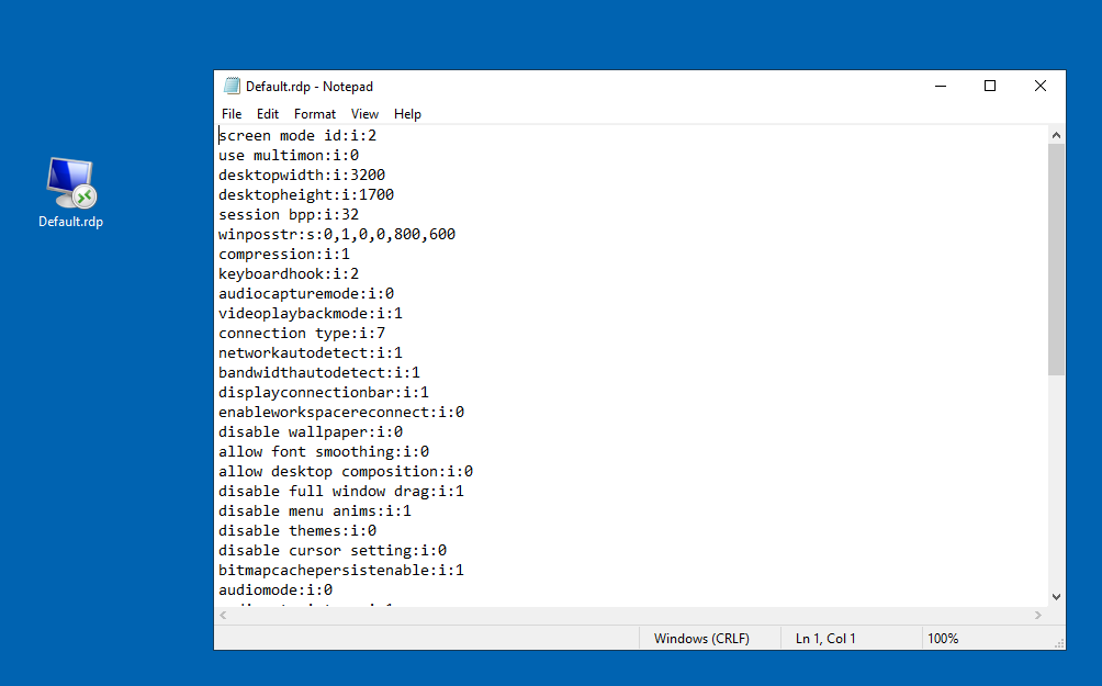 Notepad displaying the contents of a customized RDP file with multiple connection settings.