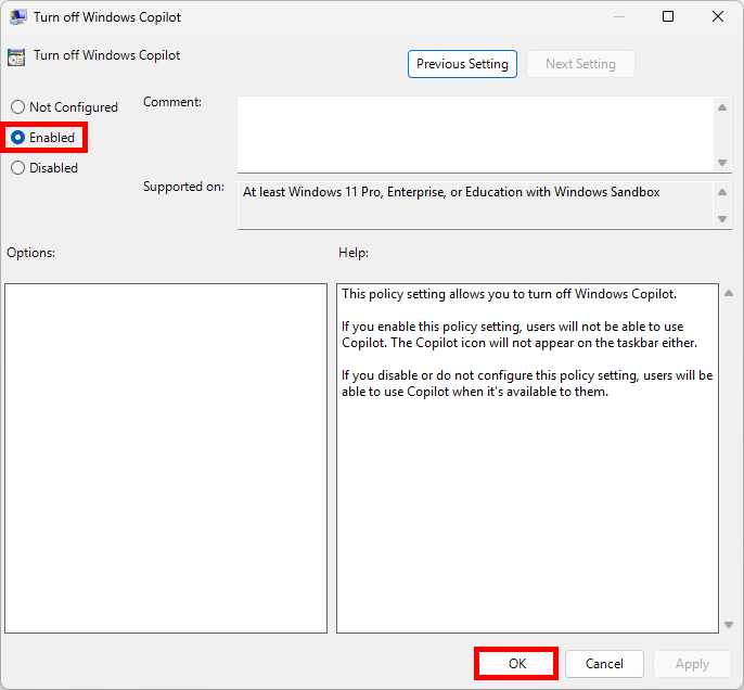 Group Policy Editor window showing the Turn off Windows Copilot policy enabled on Windows 11.