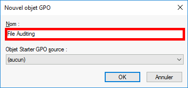 Naming the new Group Policy Object as File Auditing in the GPO creation window