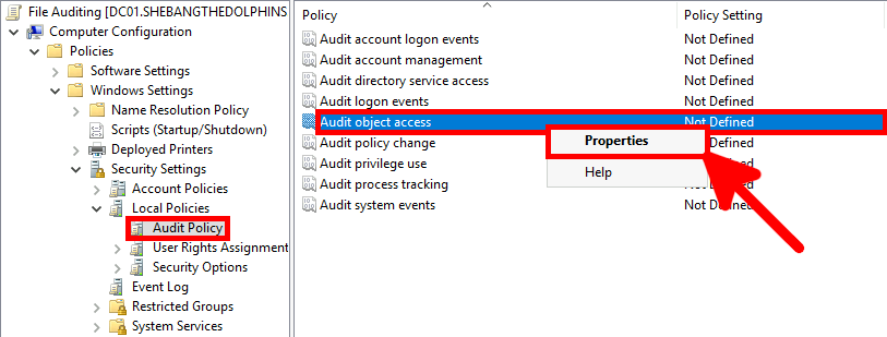 In the Group Policy Management Editor, right-click Audit object access under Audit Policy to configure Windows file auditing settings