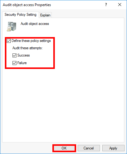 Selecting Success and Failure in the Audit object access Properties window to enable Windows file auditing