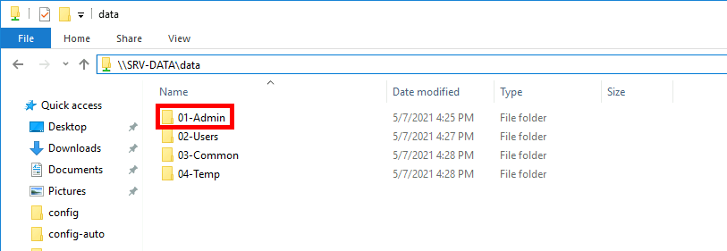 Select the 01-Admin shared folder on the SRV-DATA Windows File Server to enable file auditing