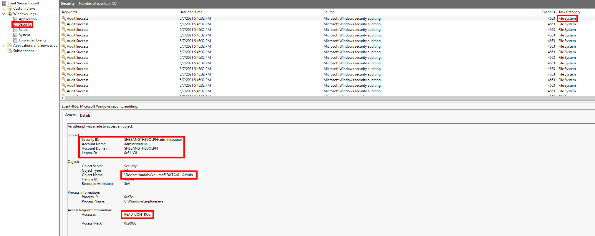 Windows Event Viewer displaying security event 4663 for a Read access to the 01-Admin folder by the administrateur account in the file auditing log