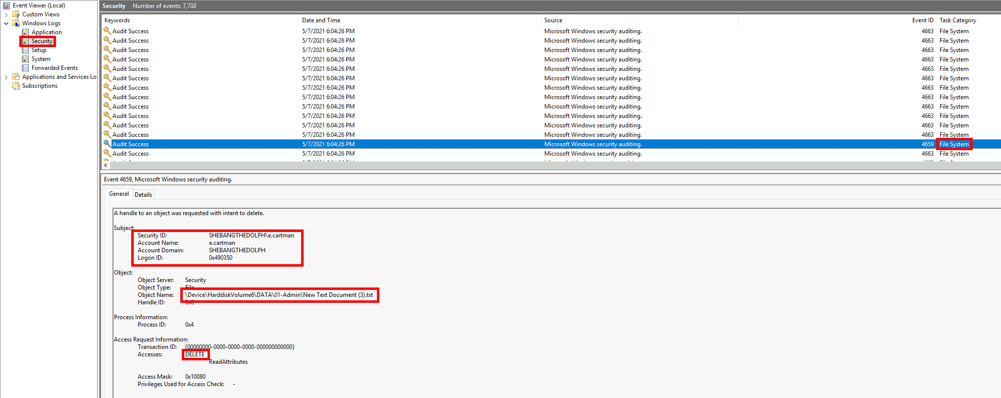 Windows Event Viewer displaying security event 4659 for the deletion of New Text Document (3).txt by the e.cartman account in the file auditing log