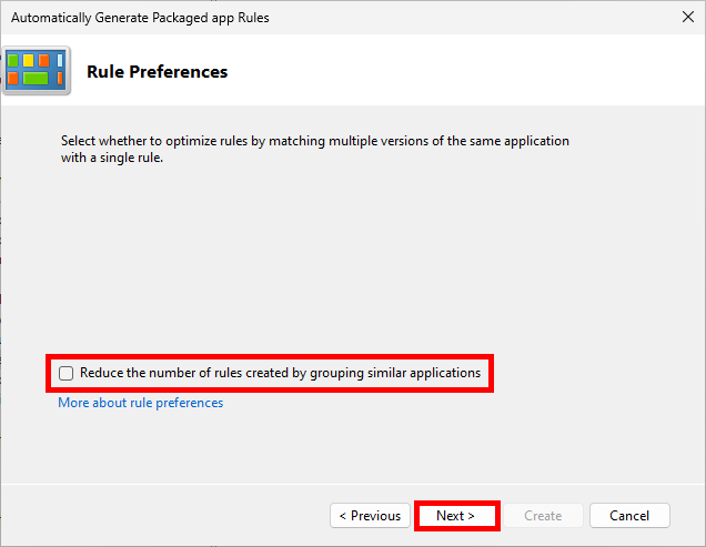 AppLocker packaged app rules wizard with the option to reduce the number of rules by grouping similar applications unchecked