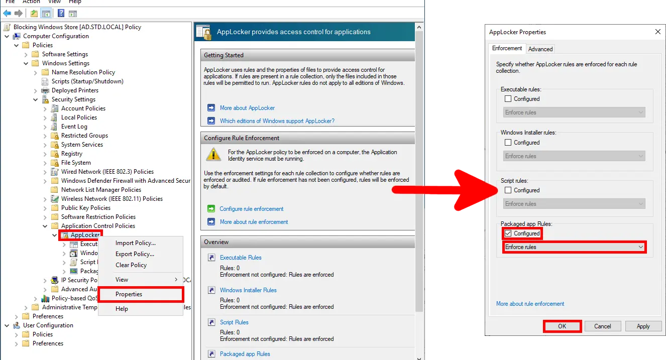 Configuring AppLocker packaged app rules to Enforce rules in Group Policy