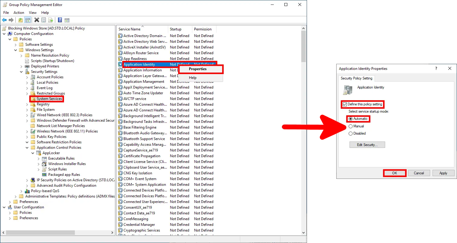 Configuring the Application Identity service to start automatically in Group Policy for AppLocker