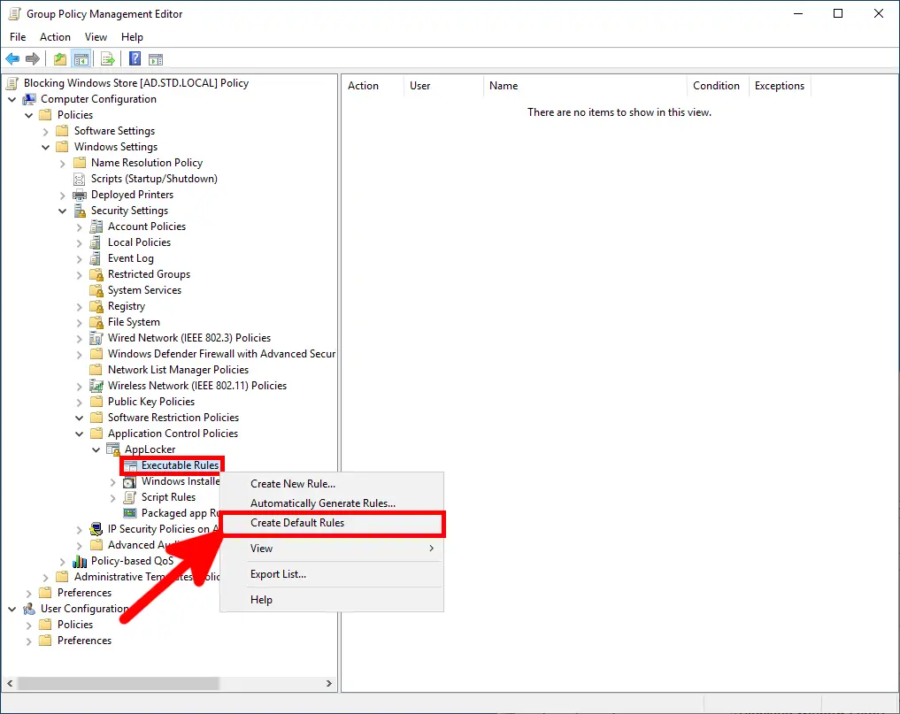 Creating the default executable rules in AppLocker before adding a custom application blocking rule