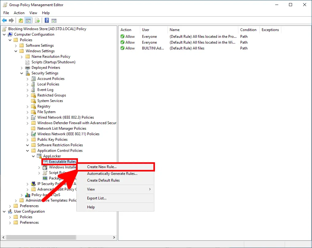 Creating a new AppLocker executable rule from the Executable Rules section in Group Policy