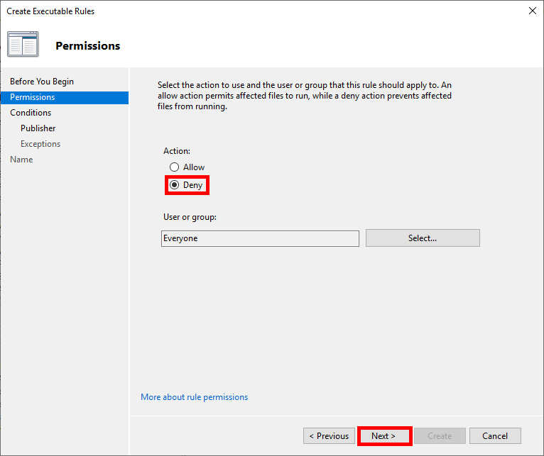 Selecting Deny on the Permissions page of the AppLocker executable rule wizard