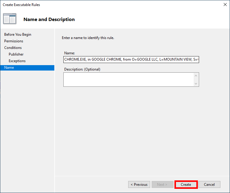 Final AppLocker executable rule wizard page for creating a rule that blocks Google Chrome