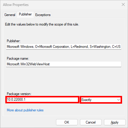 AppLocker packaged app rule configured to match an exact application package version