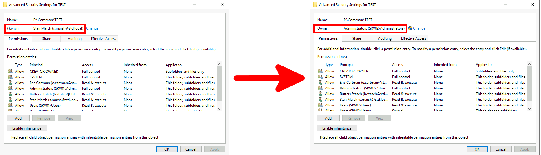 Windows Security Settings showing change of ownership from a user to an Administrators group for a folder in a network environment.
