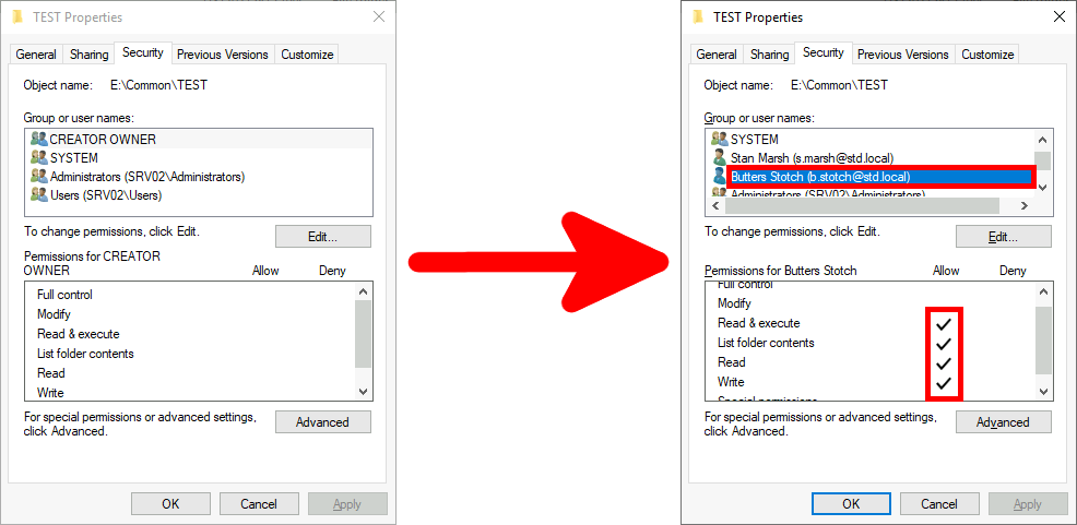 Windows folder properties showing permissions assigned to a specific user, granting modify, read, execute, and write access.