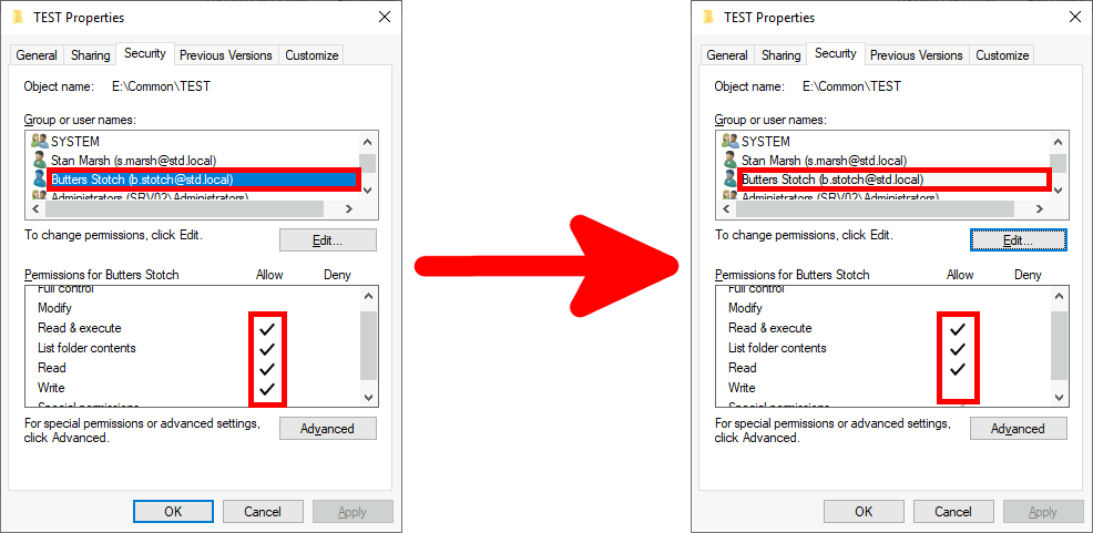 Windows folder properties showing updated permissions for a specific user, allowing modify, read, write, and execute access.