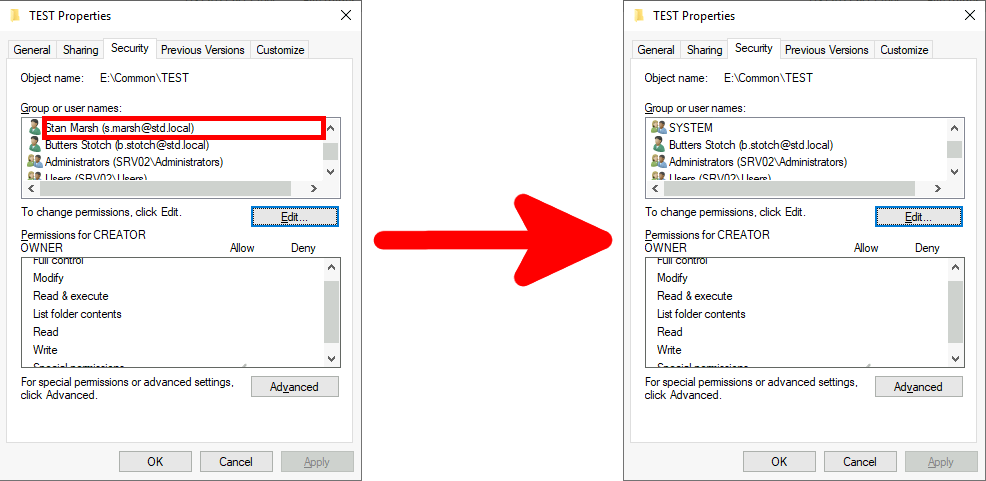 Windows folder properties highlighting the selection of a specific user for permission editing.