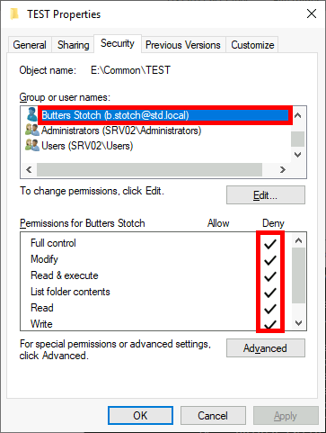 Windows folder properties displaying deny permissions set for a specific user, blocking modify, read, write, and execute access.
