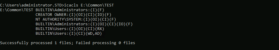 Command Prompt output of icacls command displaying permissions for a folder, showing administrators and users with specific access rights.