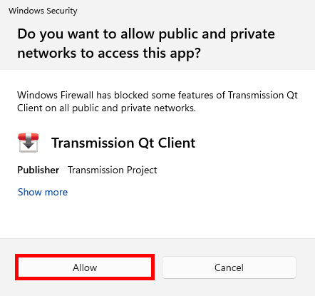 Windows Security prompt asking to allow Transmission Qt Client through the firewall