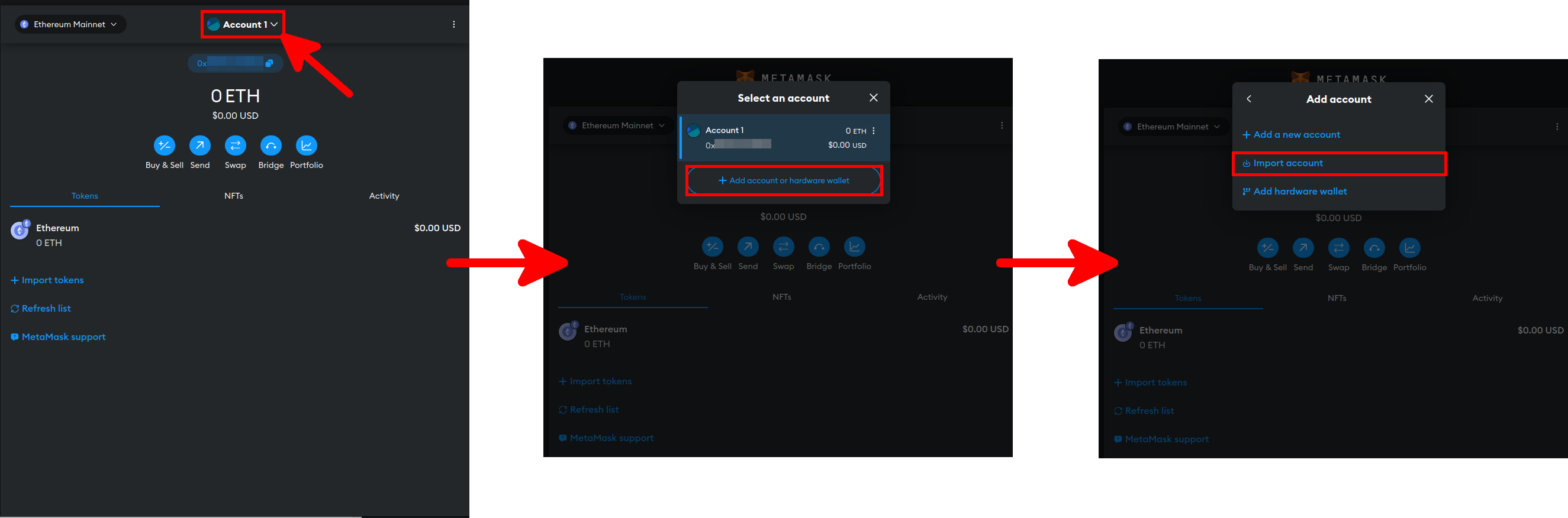 MetaMask steps for importing an account from a private key