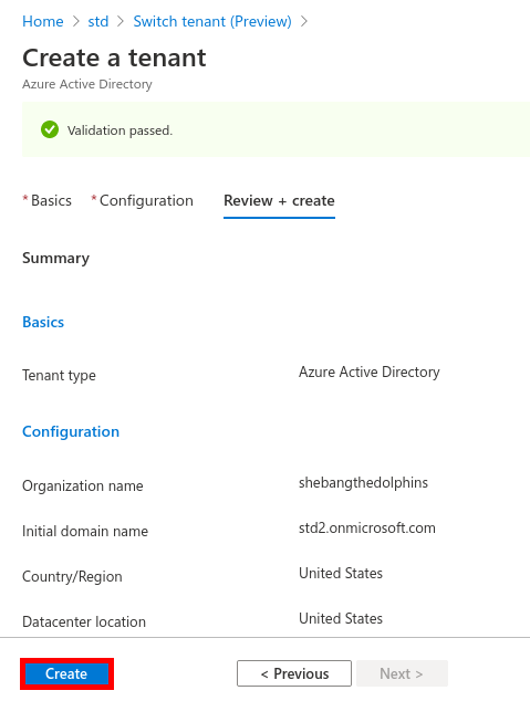 Azure Portal | Create a tenant, validation passed